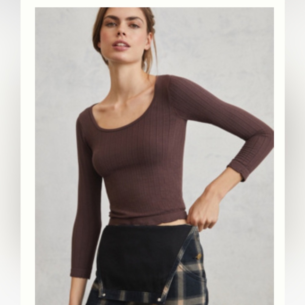 Anthropologie Brown Ribbed 3/4 Sleeve Blouse